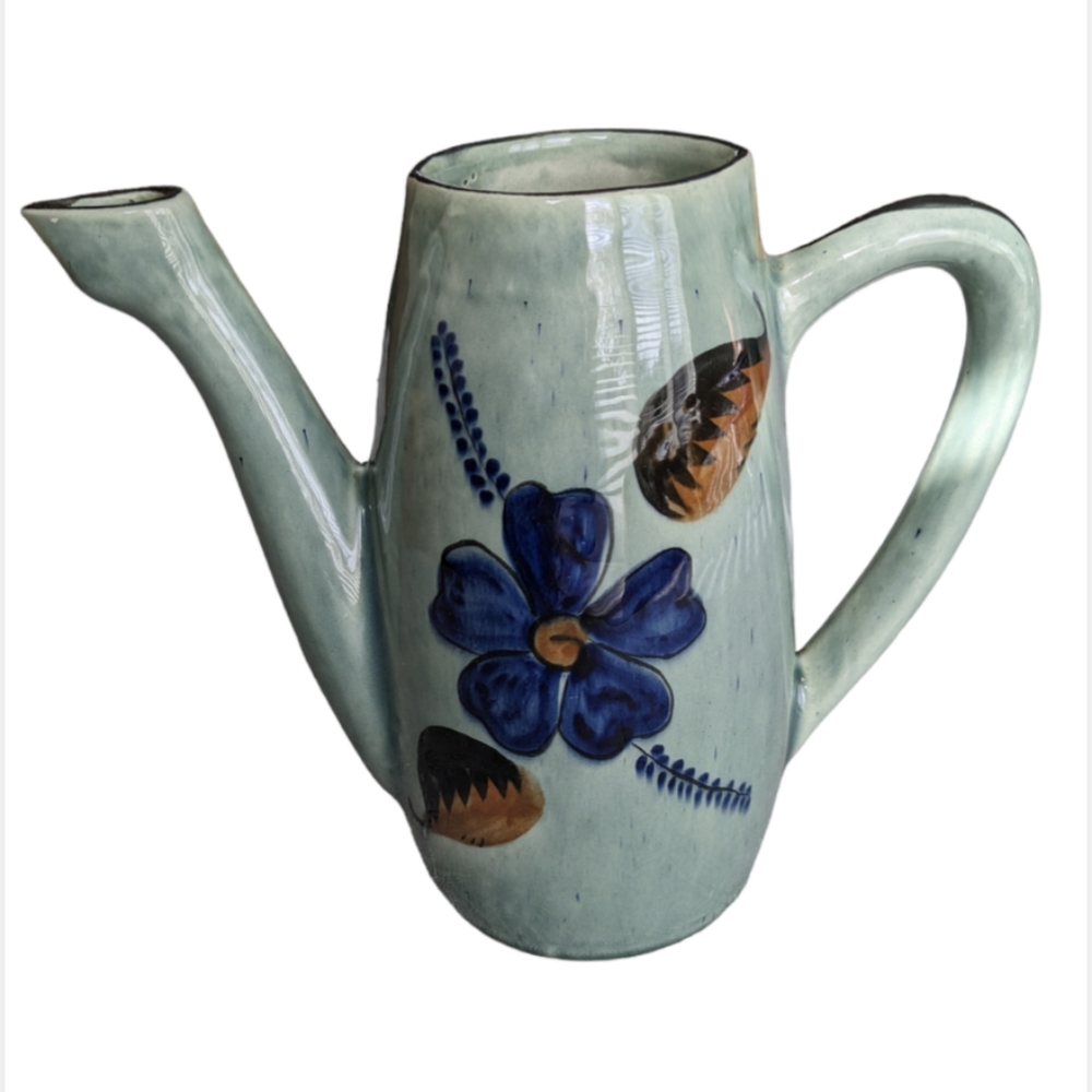 Pottery pitcher marked Tonala HR blue flower decorative brown